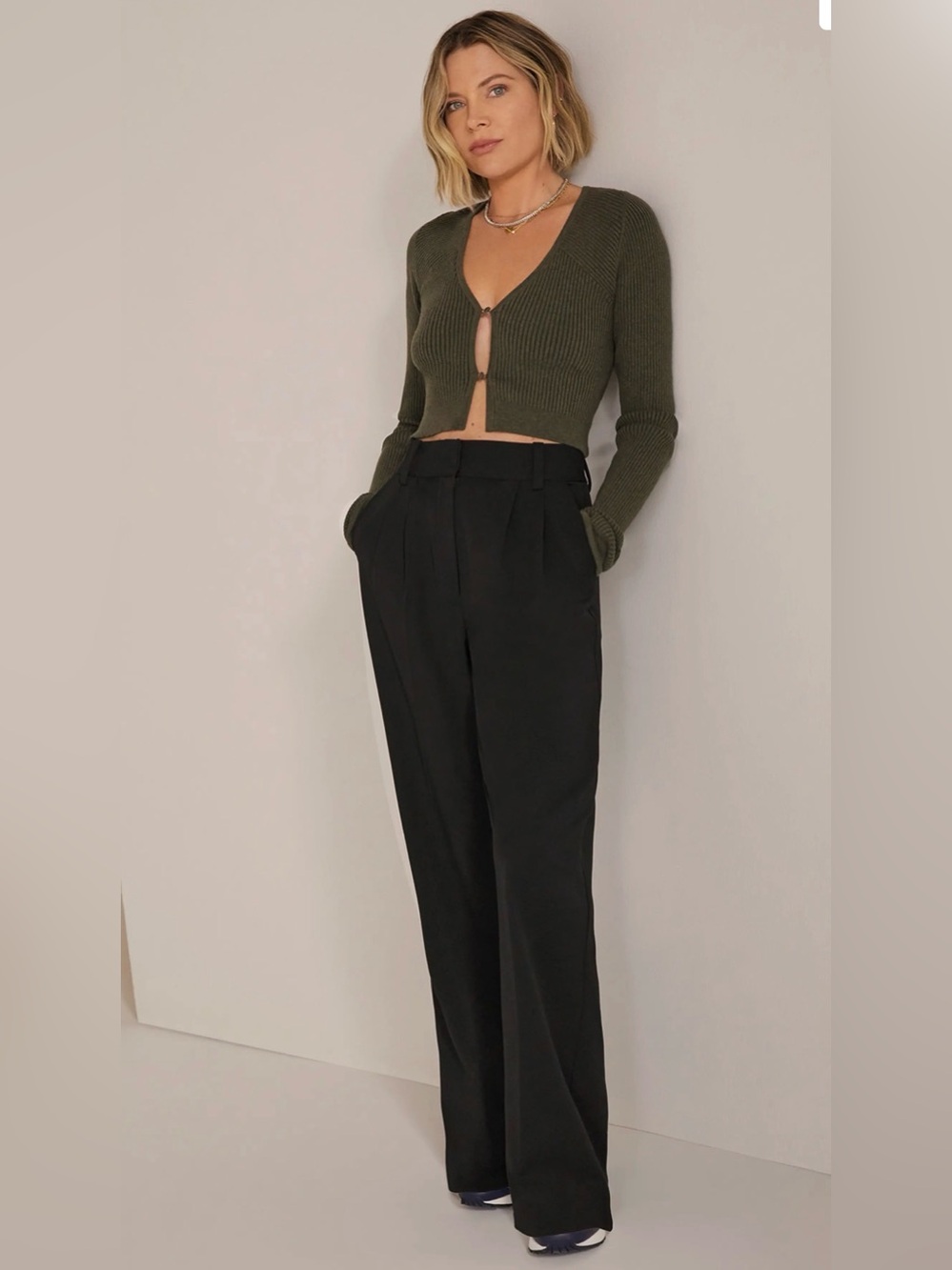 Favorite Daughter Olive Cropped Cardigan with Black High-Waist Trousers